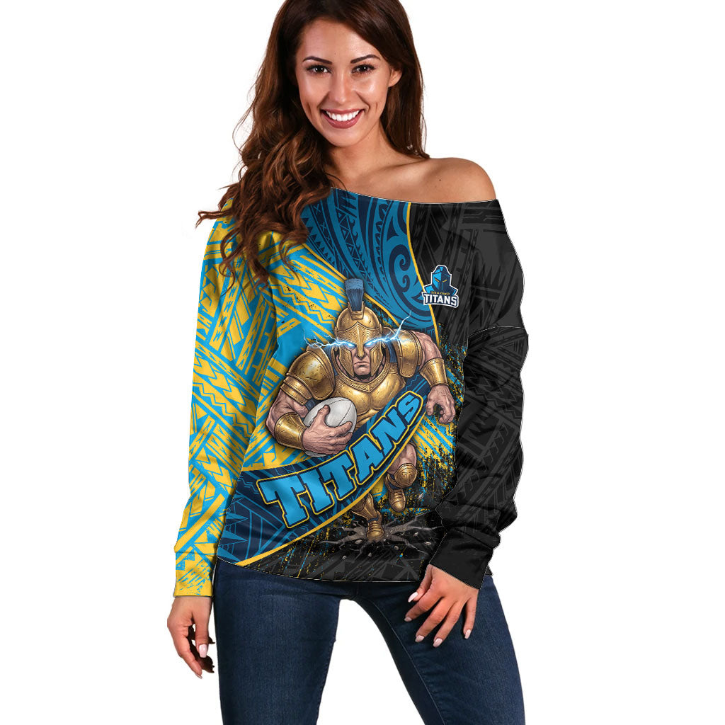 Gold Coast Titans Rugby Off Shoulder Sweater Tribal Polynesian Power Art - Lightning Mascot