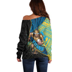 Gold Coast Titans Rugby Off Shoulder Sweater Tribal Polynesian Power Art - Lightning Mascot