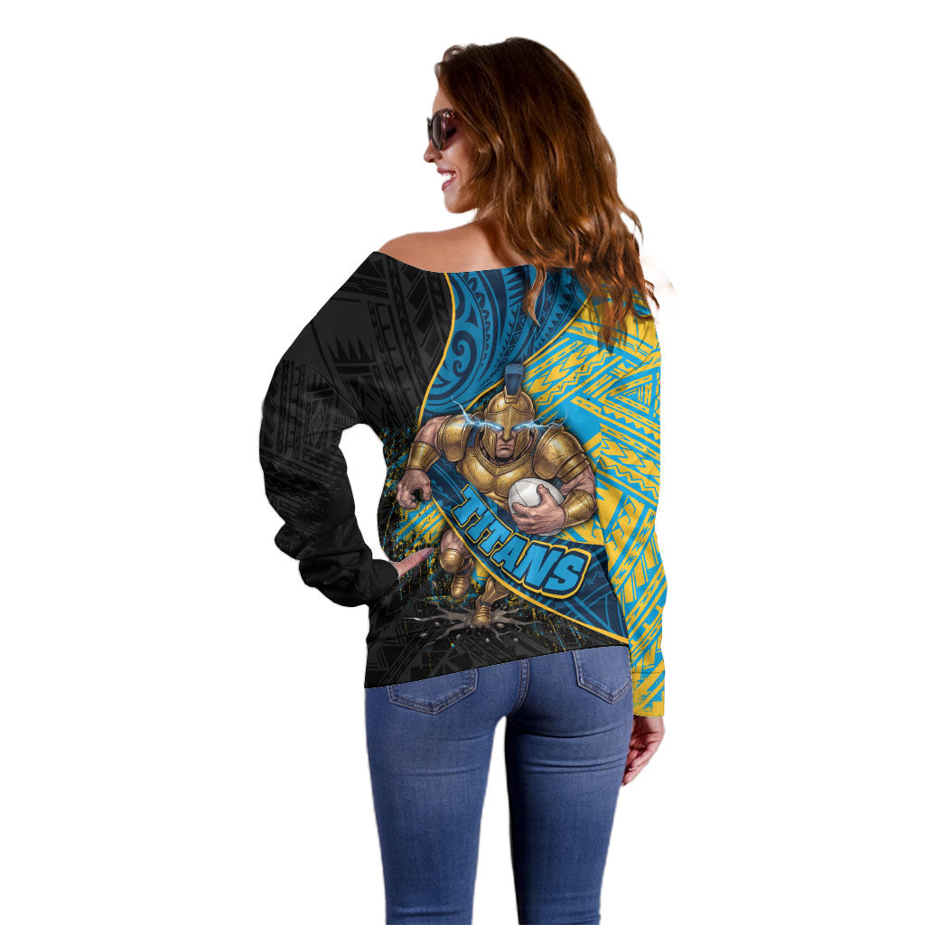 Gold Coast Titans Rugby Off Shoulder Sweater Tribal Polynesian Power Art - Lightning Mascot