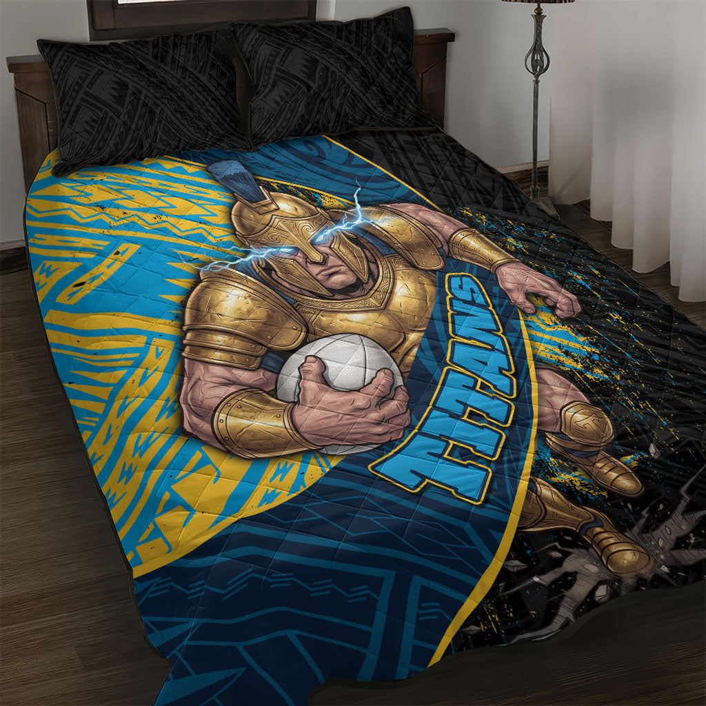 Gold Coast Titans Rugby Quilt Bed Set Tribal Polynesian Power Art - Lightning Mascot