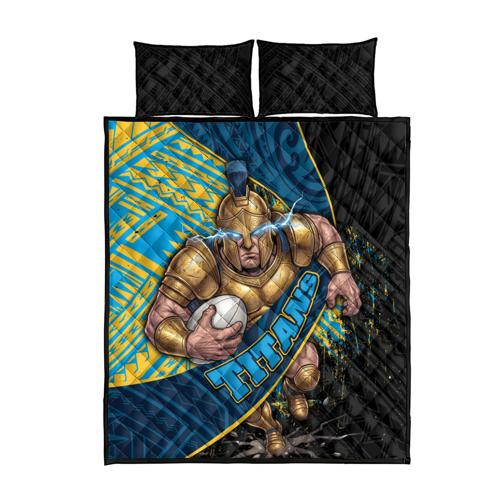 Gold Coast Titans Rugby Quilt Bed Set Tribal Polynesian Power Art - Lightning Mascot