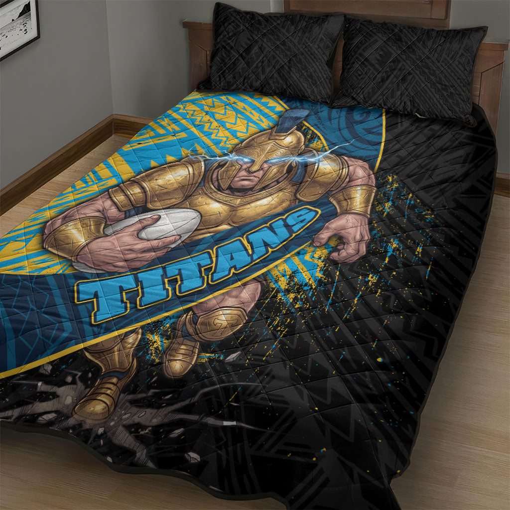 Gold Coast Titans Rugby Quilt Bed Set Tribal Polynesian Power Art - Lightning Mascot