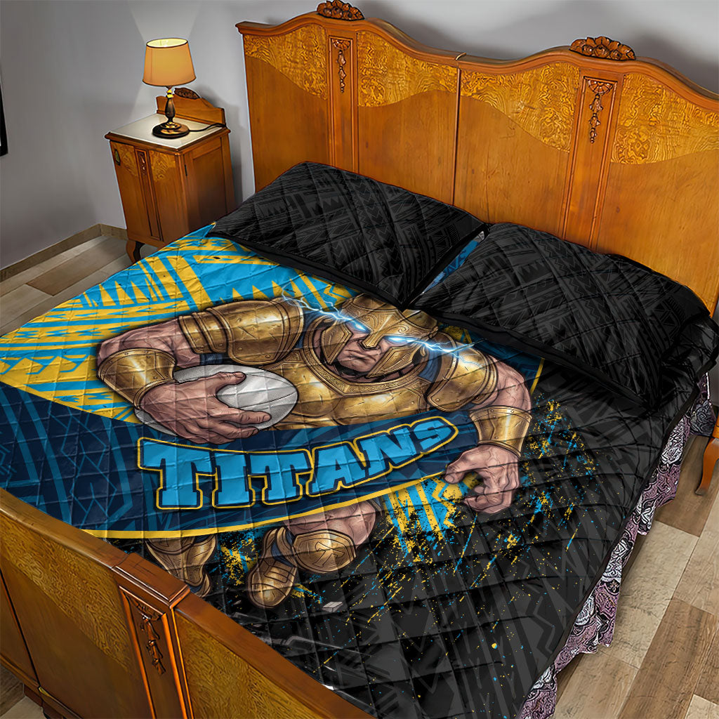 Gold Coast Titans Rugby Quilt Bed Set Tribal Polynesian Power Art - Lightning Mascot