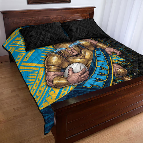 Gold Coast Titans Rugby Quilt Bed Set Tribal Polynesian Power Art - Lightning Mascot
