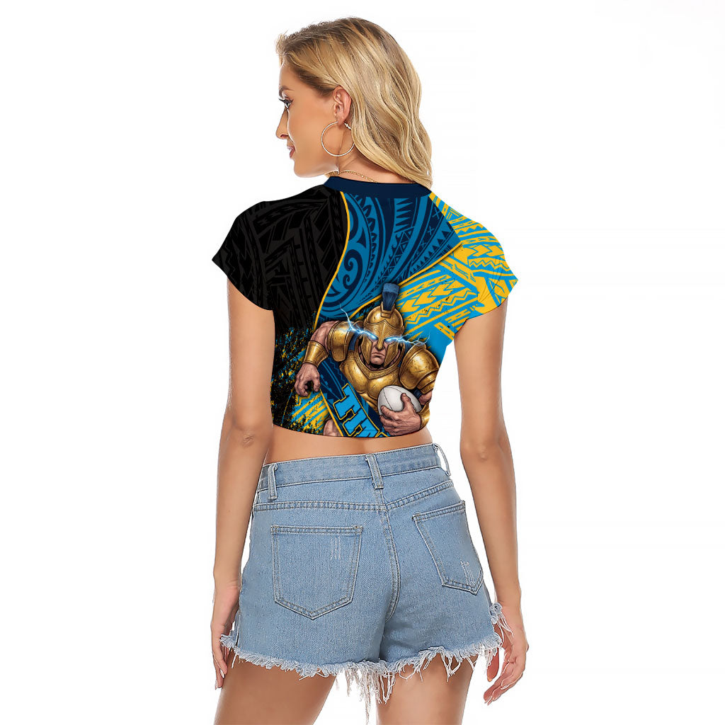 Gold Coast Titans Rugby Raglan Cropped T Shirt Tribal Polynesian Power Art - Lightning Mascot