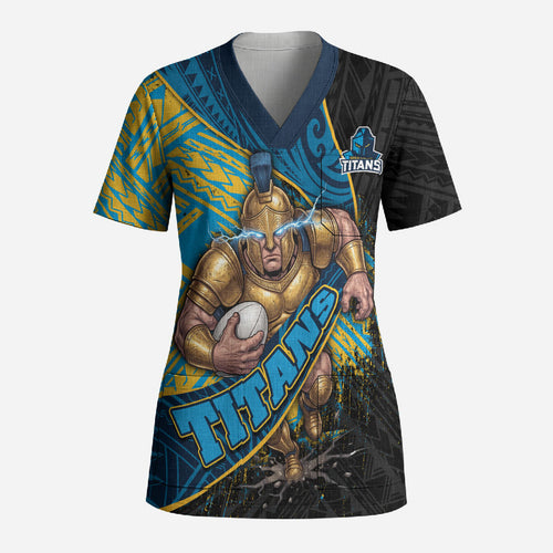 Gold Coast Titans Rugby Scrub Top Tribal Polynesian Power Art - Lightning Mascot