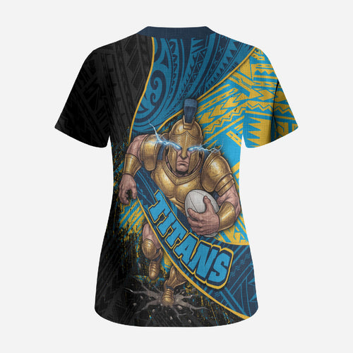 Gold Coast Titans Rugby Scrub Top Tribal Polynesian Power Art - Lightning Mascot