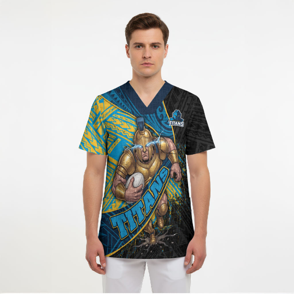 Gold Coast Titans Rugby Scrub Top Tribal Polynesian Power Art - Lightning Mascot