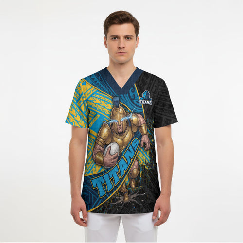 Gold Coast Titans Rugby Scrub Top Tribal Polynesian Power Art - Lightning Mascot
