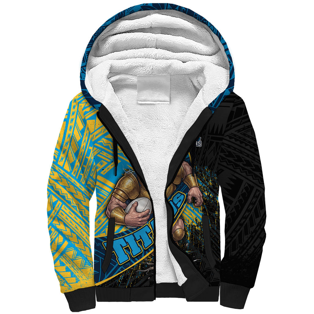 Gold Coast Titans Rugby Sherpa Hoodie Tribal Polynesian Power Art - Lightning Mascot
