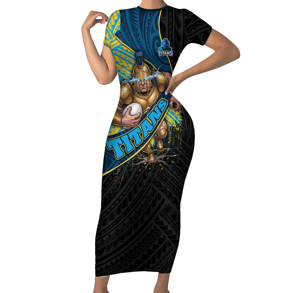 Gold Coast Titans Rugby Short Sleeve Bodycon Dress Tribal Polynesian Power Art - Lightning Mascot