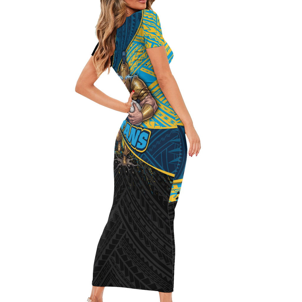 Gold Coast Titans Rugby Short Sleeve Bodycon Dress Tribal Polynesian Power Art - Lightning Mascot