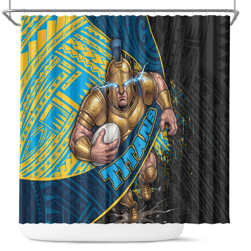 Gold Coast Titans Rugby Shower Curtain Tribal Polynesian Power Art - Lightning Mascot