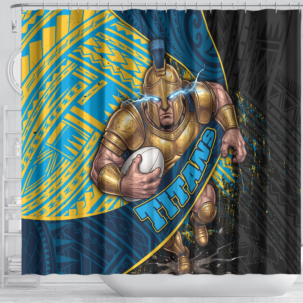 Gold Coast Titans Rugby Shower Curtain Tribal Polynesian Power Art - Lightning Mascot