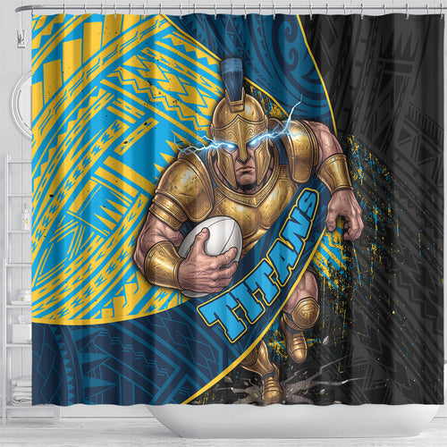 Gold Coast Titans Rugby Shower Curtain Tribal Polynesian Power Art - Lightning Mascot