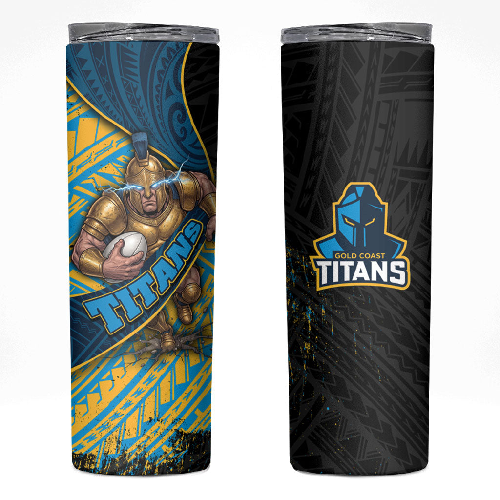 Gold Coast Titans Rugby Skinny Tumbler Tribal Polynesian Power Art - Lightning Mascot