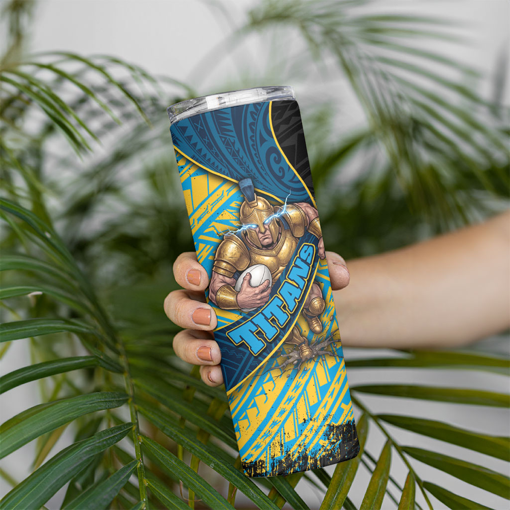 Gold Coast Titans Rugby Skinny Tumbler Tribal Polynesian Power Art - Lightning Mascot