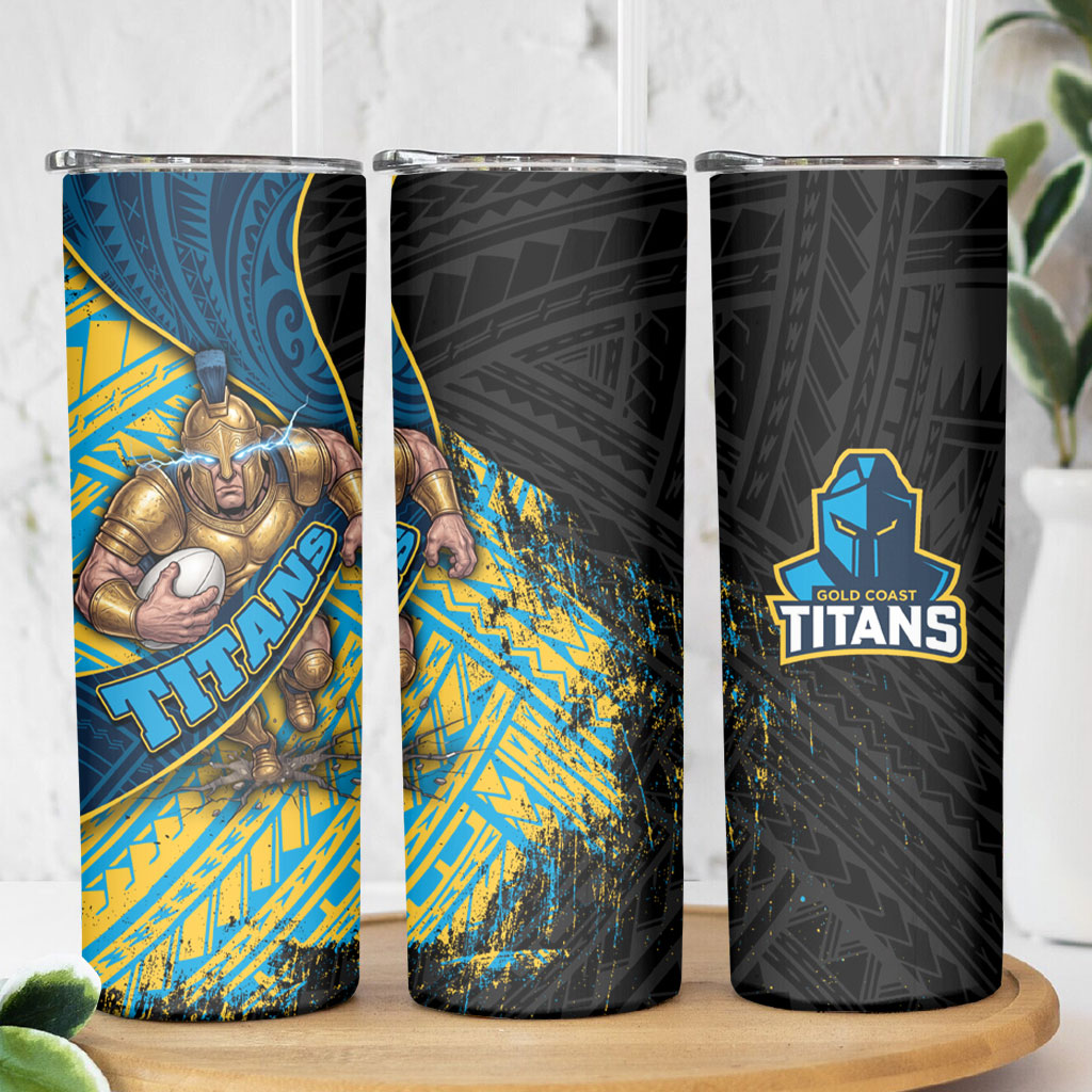 Gold Coast Titans Rugby Skinny Tumbler Tribal Polynesian Power Art - Lightning Mascot
