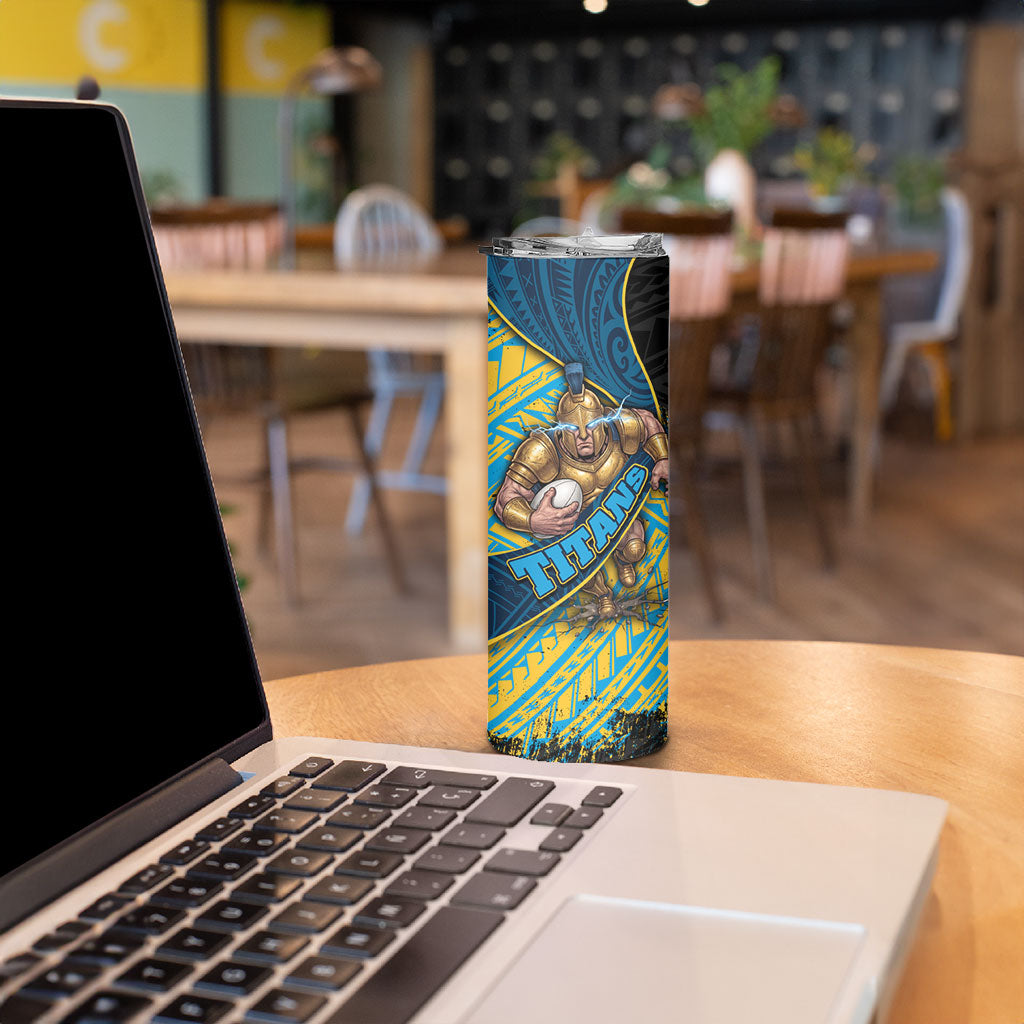 Gold Coast Titans Rugby Skinny Tumbler Tribal Polynesian Power Art - Lightning Mascot