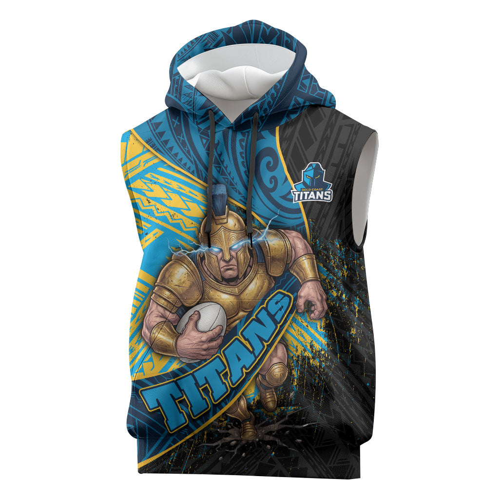 Gold Coast Titans Rugby Sleeveless Hoodie Tribal Polynesian Power Art - Lightning Mascot
