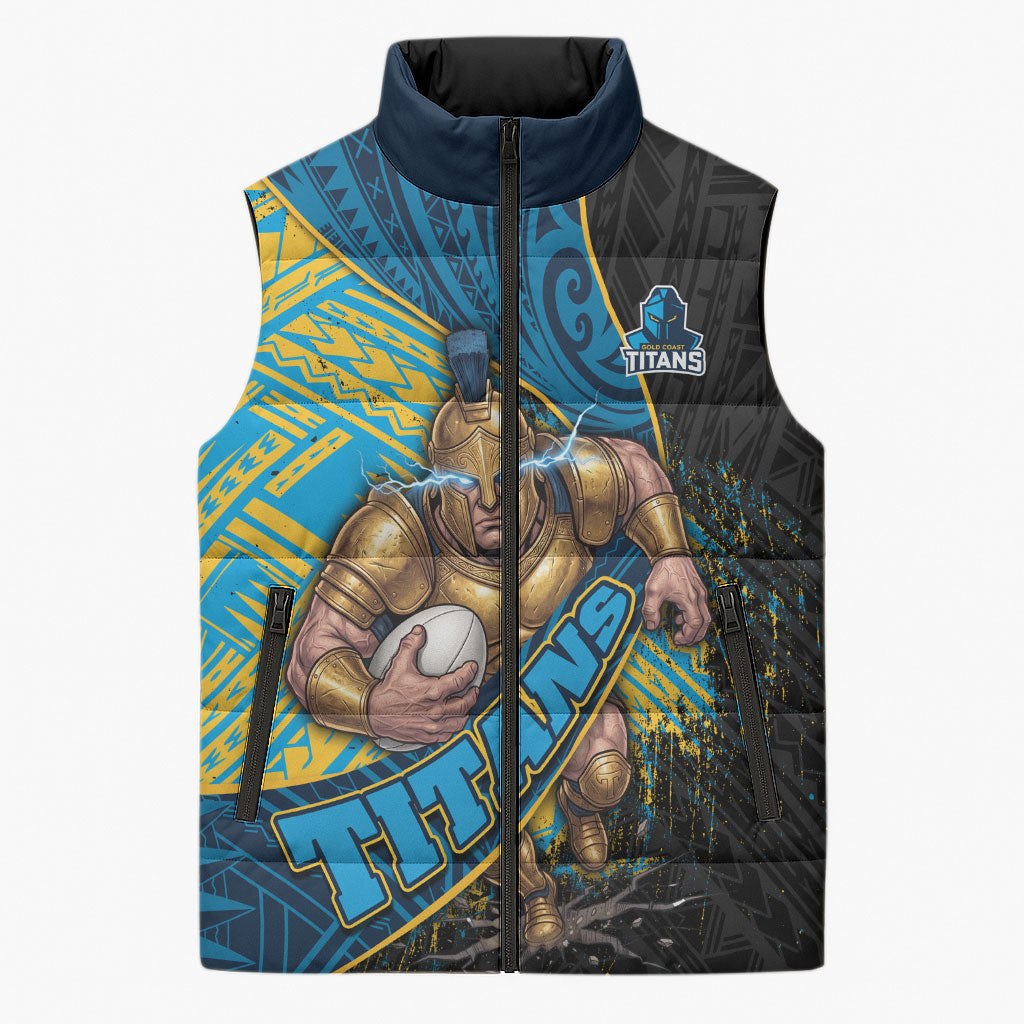 Gold Coast Titans Rugby Sleeveless Puffer Jacket Tribal Polynesian Power Art - Lightning Mascot