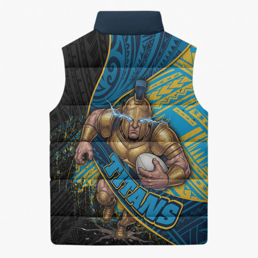 Gold Coast Titans Rugby Sleeveless Puffer Jacket Tribal Polynesian Power Art - Lightning Mascot