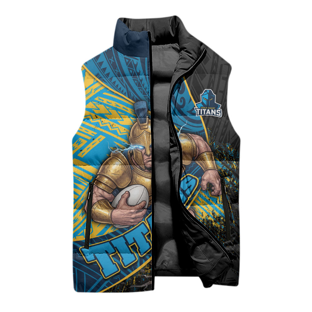 Gold Coast Titans Rugby Sleeveless Puffer Jacket Tribal Polynesian Power Art - Lightning Mascot