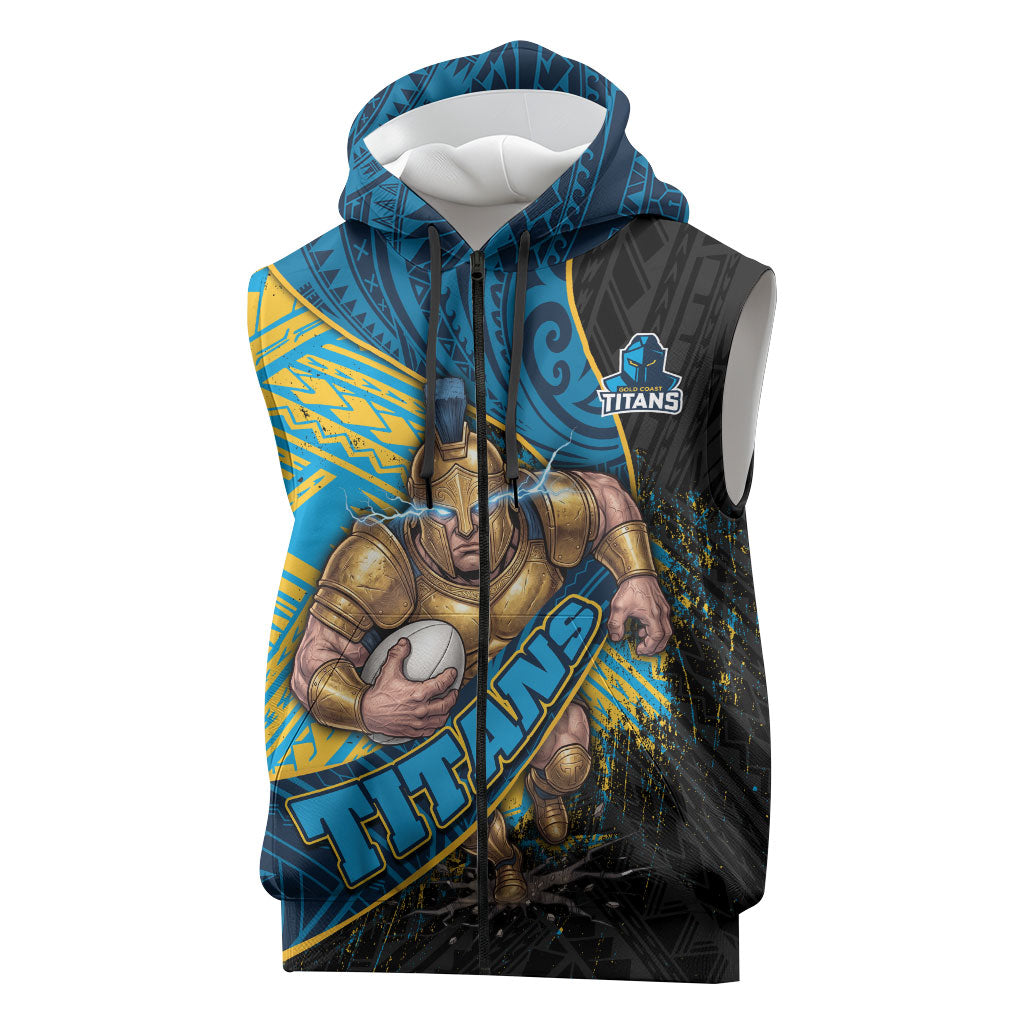 Gold Coast Titans Rugby Sleeveless Zip Hoodie Tribal Polynesian Power Art - Lightning Mascot