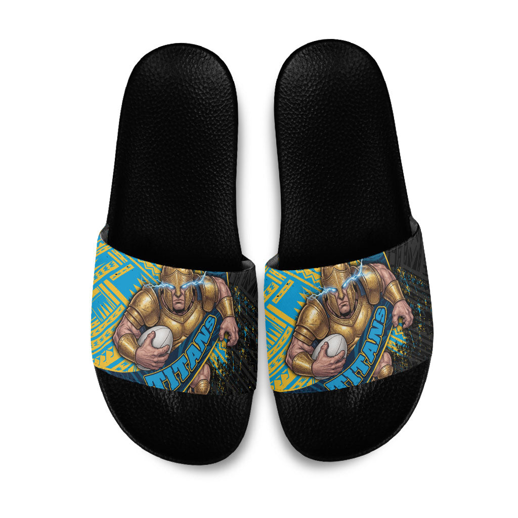 Gold Coast Titans Rugby Slide Sandals Tribal Polynesian Power Art - Lightning Mascot