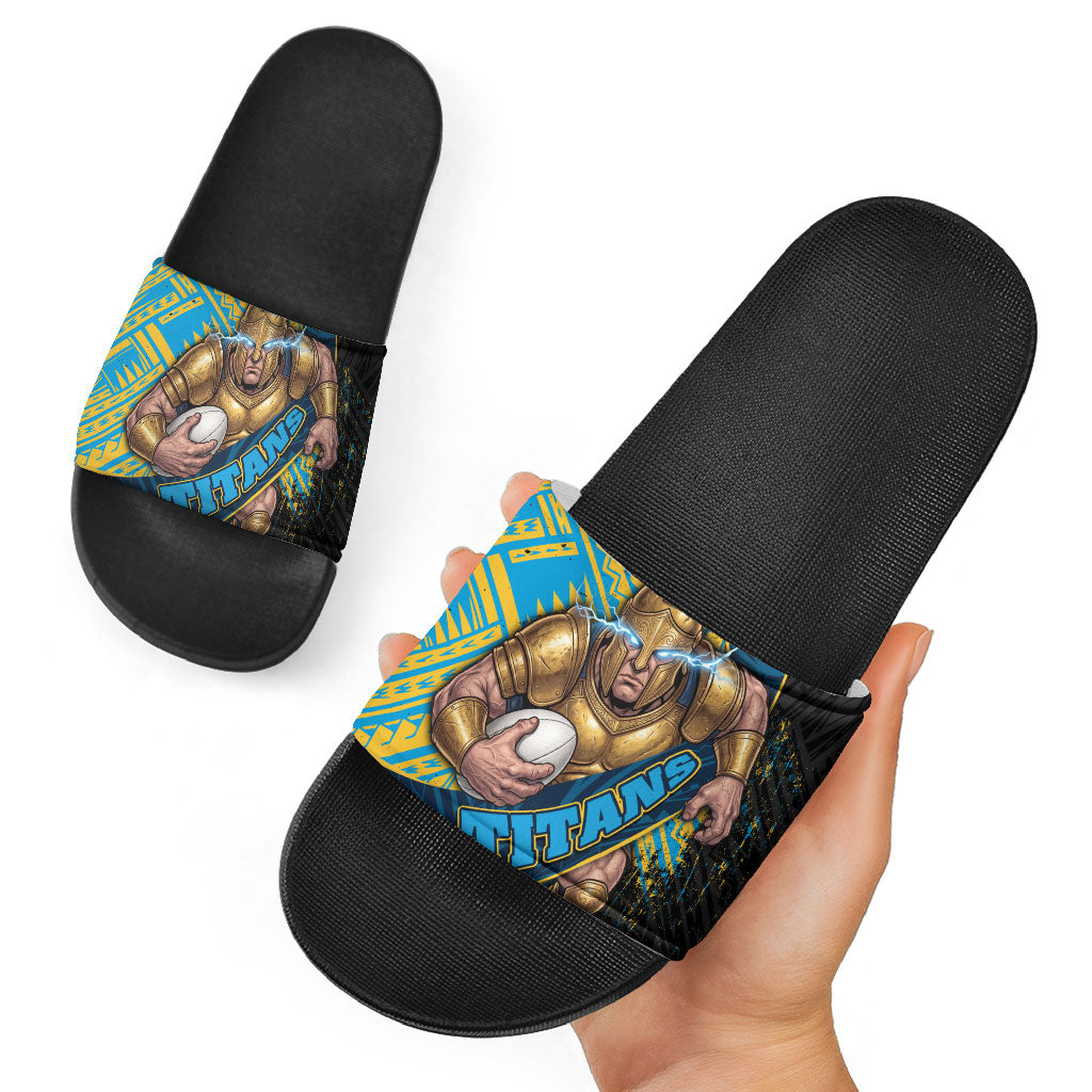 Gold Coast Titans Rugby Slide Sandals Tribal Polynesian Power Art - Lightning Mascot