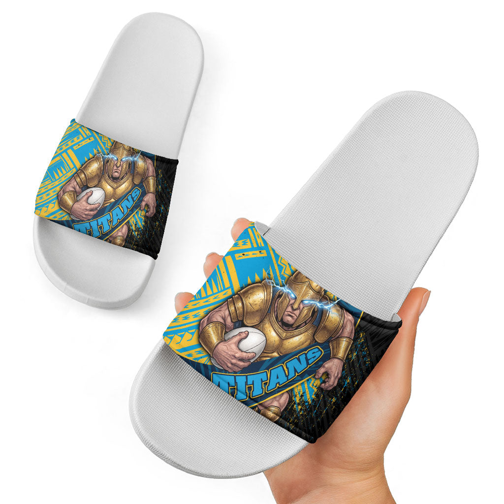 Gold Coast Titans Rugby Slide Sandals Tribal Polynesian Power Art - Lightning Mascot