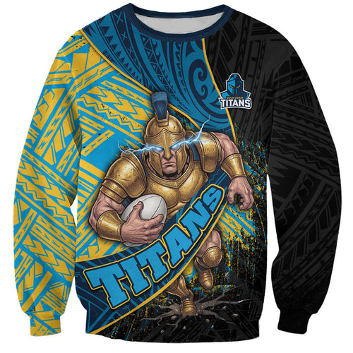 Gold Coast Titans Rugby Sweatshirt Tribal Polynesian Power Art - Lightning Mascot