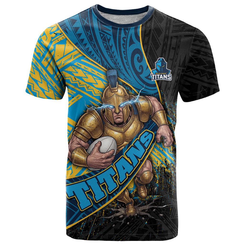 Gold Coast Titans Rugby T Shirt Tribal Polynesian Power Art - Lightning Mascot