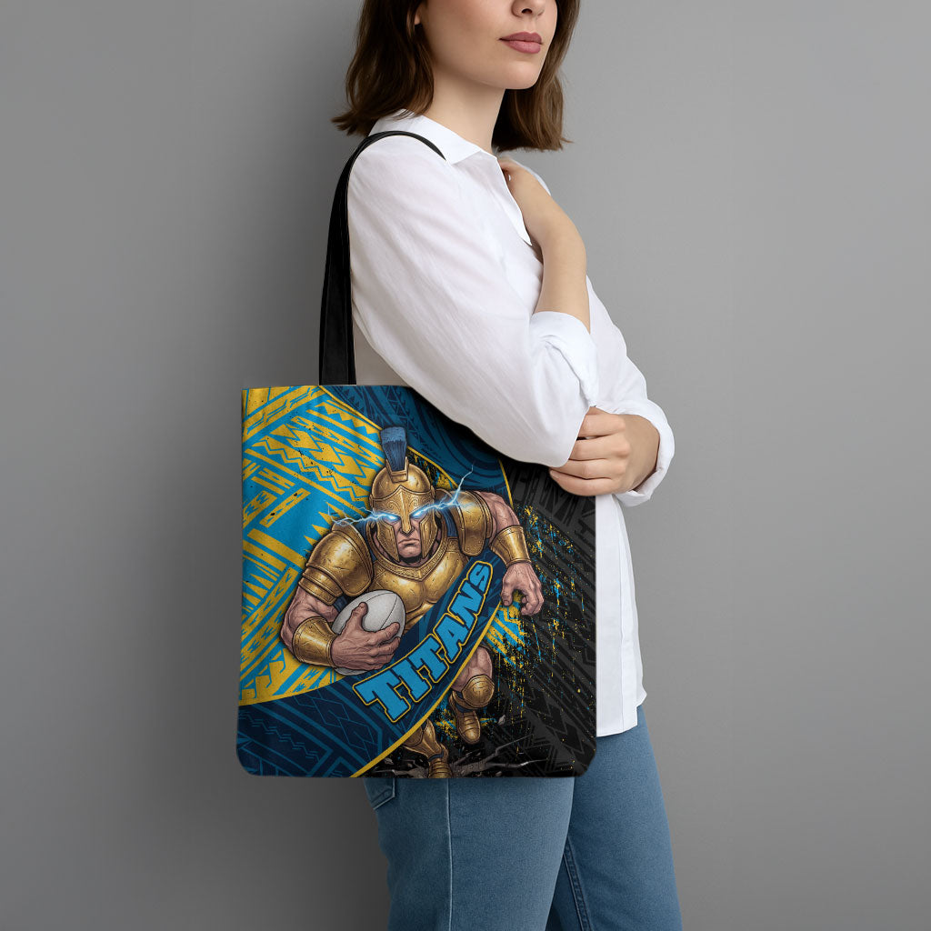 Gold Coast Titans Rugby Tote Bag Tribal Polynesian Power Art - Lightning Mascot