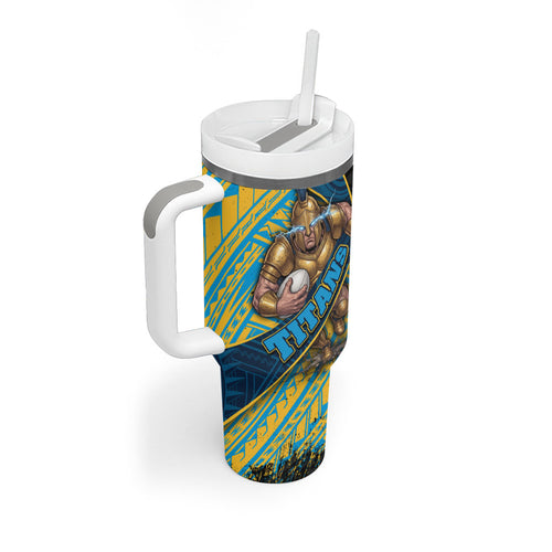 Gold Coast Titans Rugby Tumbler With Handle Tribal Polynesian Power Art - Lightning Mascot