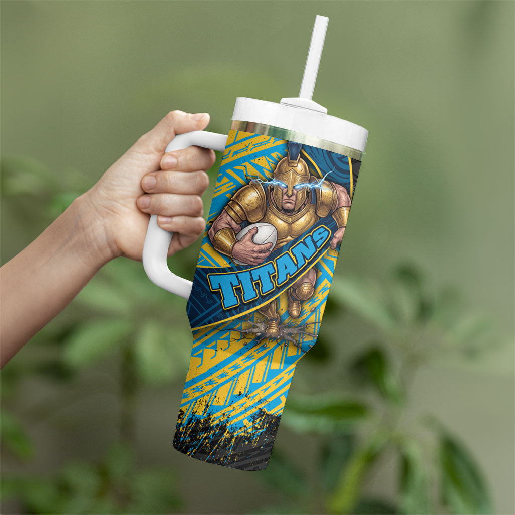 Gold Coast Titans Rugby Tumbler With Handle Tribal Polynesian Power Art - Lightning Mascot