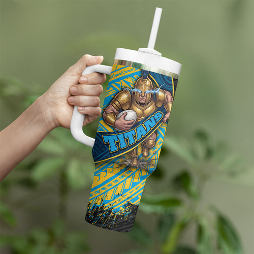 Gold Coast Titans Rugby Tumbler With Handle Tribal Polynesian Power Art - Lightning Mascot