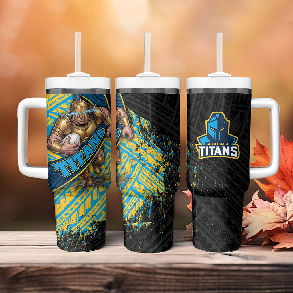 Gold Coast Titans Rugby Tumbler With Handle Tribal Polynesian Power Art - Lightning Mascot