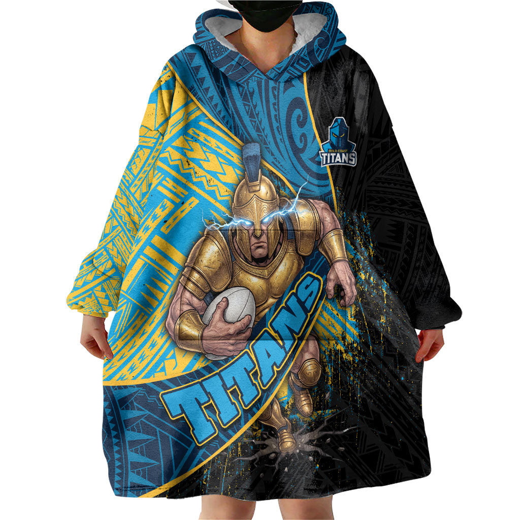 Gold Coast Titans Rugby Wearable Blanket Hoodie Tribal Polynesian Power Art - Lightning Mascot