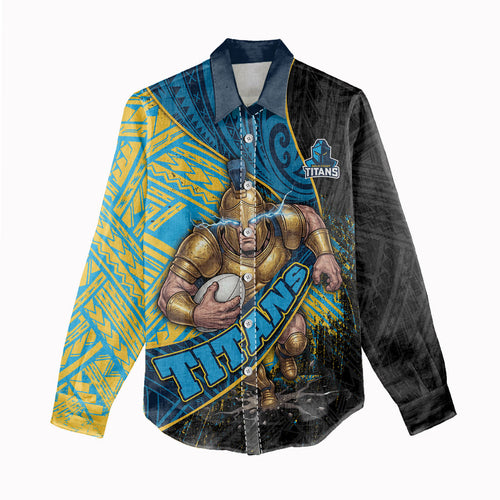 Gold Coast Titans Rugby Women Casual Shirt Tribal Polynesian Power Art - Lightning Mascot