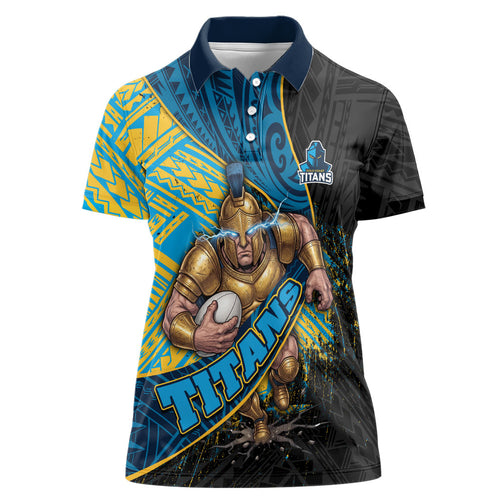 Gold Coast Titans Rugby Women Polo Shirt Tribal Polynesian Power Art - Lightning Mascot