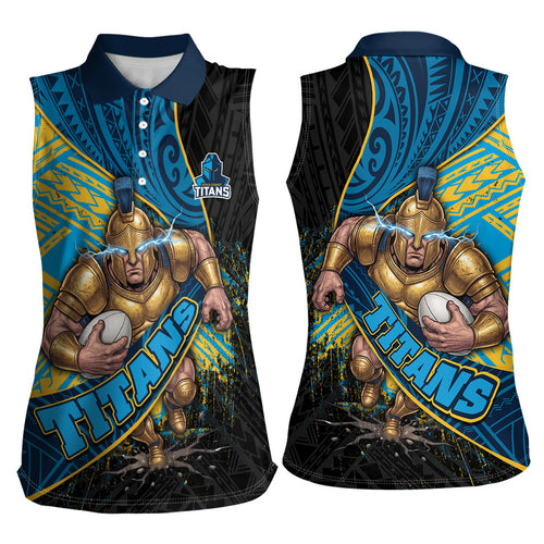 Gold Coast Titans Rugby Women Sleeveless Polo Shirt Tribal Polynesian Power Art - Lightning Mascot