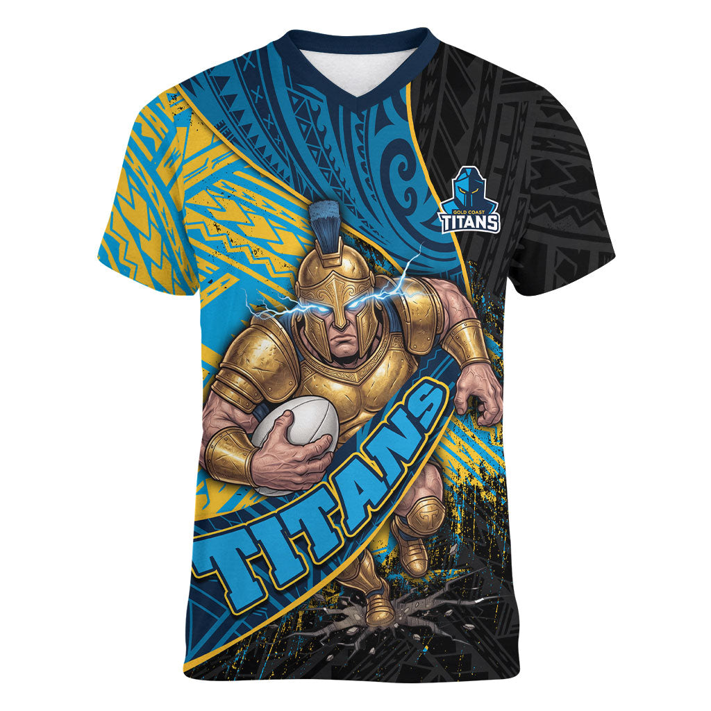 Gold Coast Titans Rugby Women V-Neck T-Shirt Tribal Polynesian Power Art - Lightning Mascot