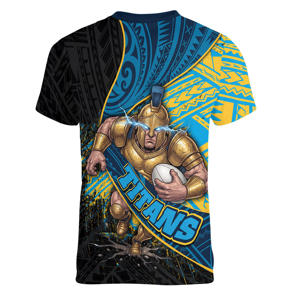 Gold Coast Titans Rugby Women V-Neck T-Shirt Tribal Polynesian Power Art - Lightning Mascot