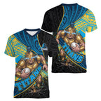 Gold Coast Titans Rugby Women V-Neck T-Shirt Tribal Polynesian Power Art - Lightning Mascot