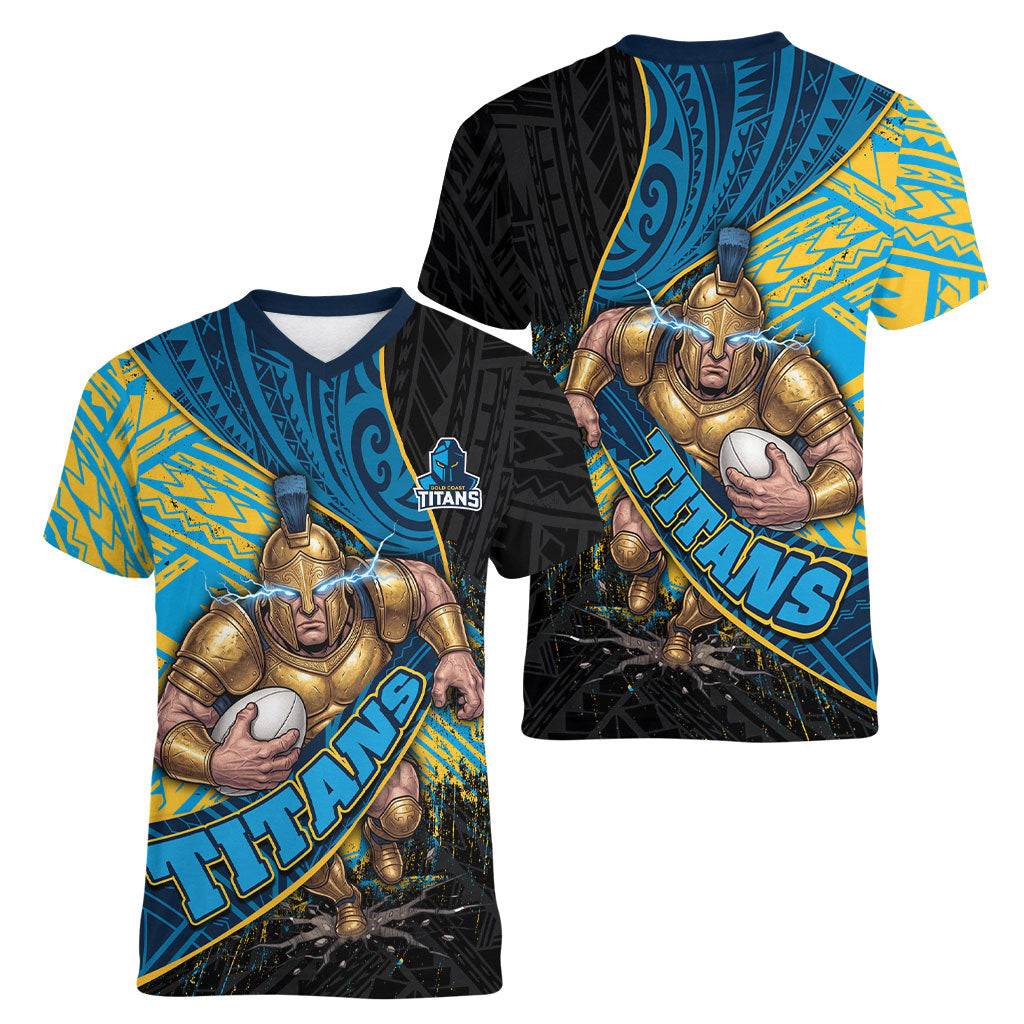 Gold Coast Titans Rugby Women V-Neck T-Shirt Tribal Polynesian Power Art - Lightning Mascot