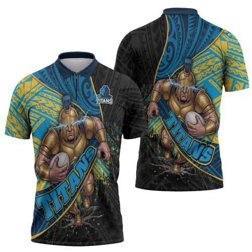 Gold Coast Titans Rugby Zipper Polo Shirt Tribal Polynesian Power Art - Lightning Mascot