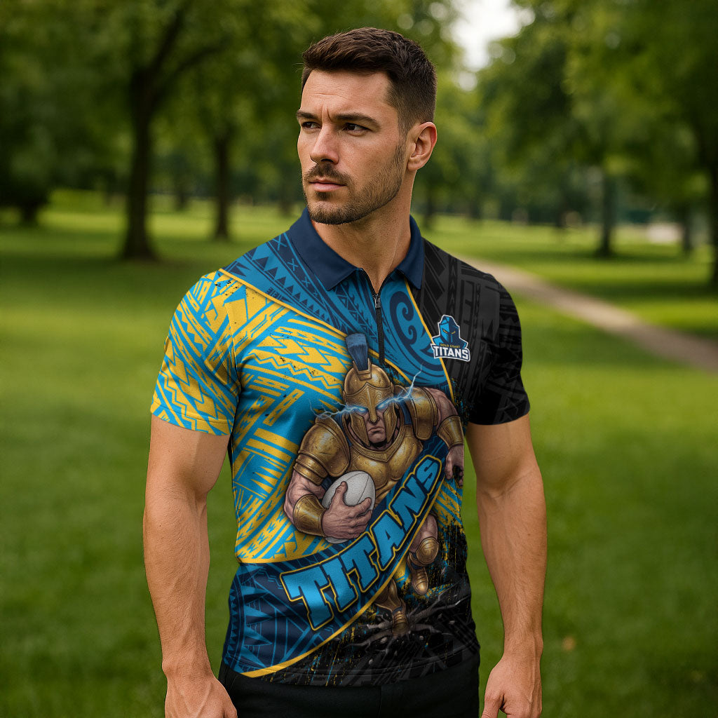 Gold Coast Titans Rugby Zipper Polo Shirt Tribal Polynesian Power Art - Lightning Mascot