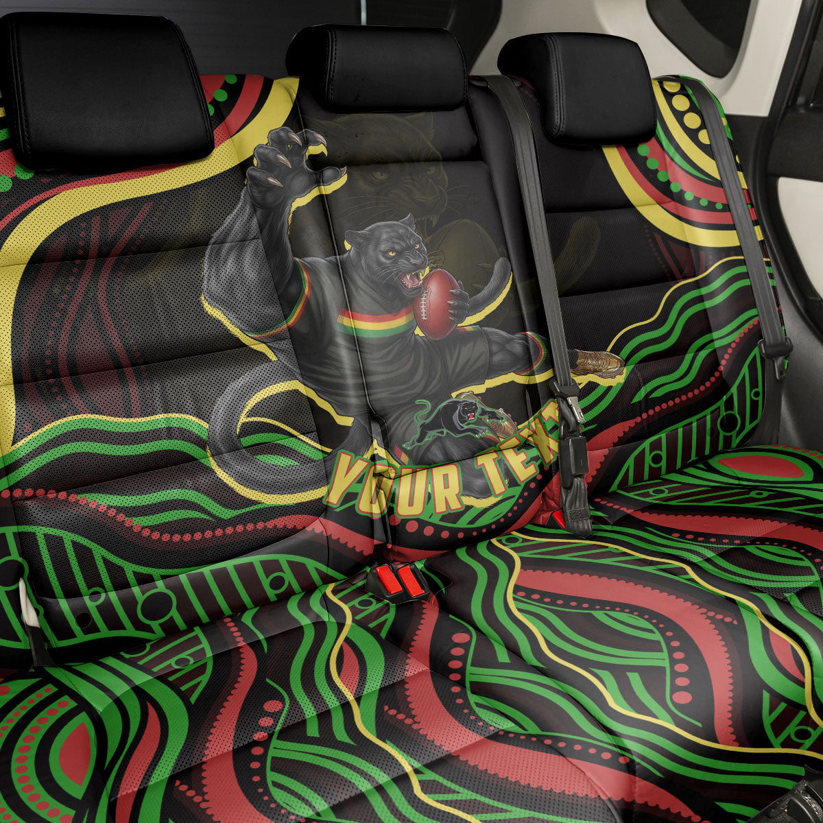 Personalized Penrith Panthers Rugby Mascot Back Car Seat Cover Aboriginal Dot Art - Dreamtime Rugby Mascot