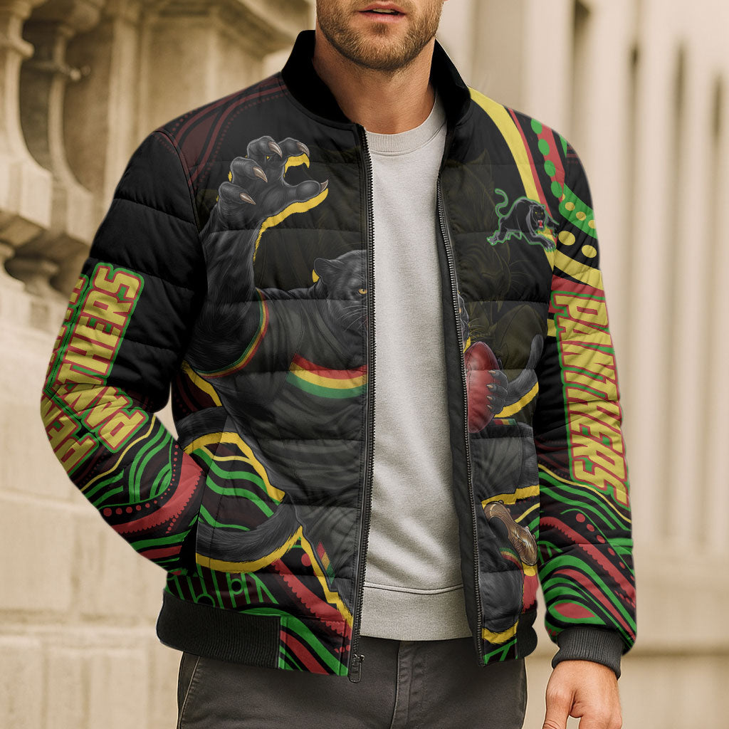 Personalized Penrith Panthers Rugby Mascot Bomber Puffer Jacket Aboriginal Dot Art - Dreamtime Rugby Mascot